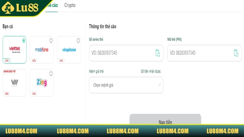 Hướng Dẫn Nhanh Nạp Tiền Lu88 Cho Newbie Thực Hiện Ngay Nạp tiền Lu88 qua thẻ cào hỗ trợ nhiều cách thuận tiện